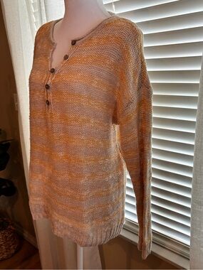 Butter Yellow and Cream Striped Women's Knit Henley Sweater.  Size M